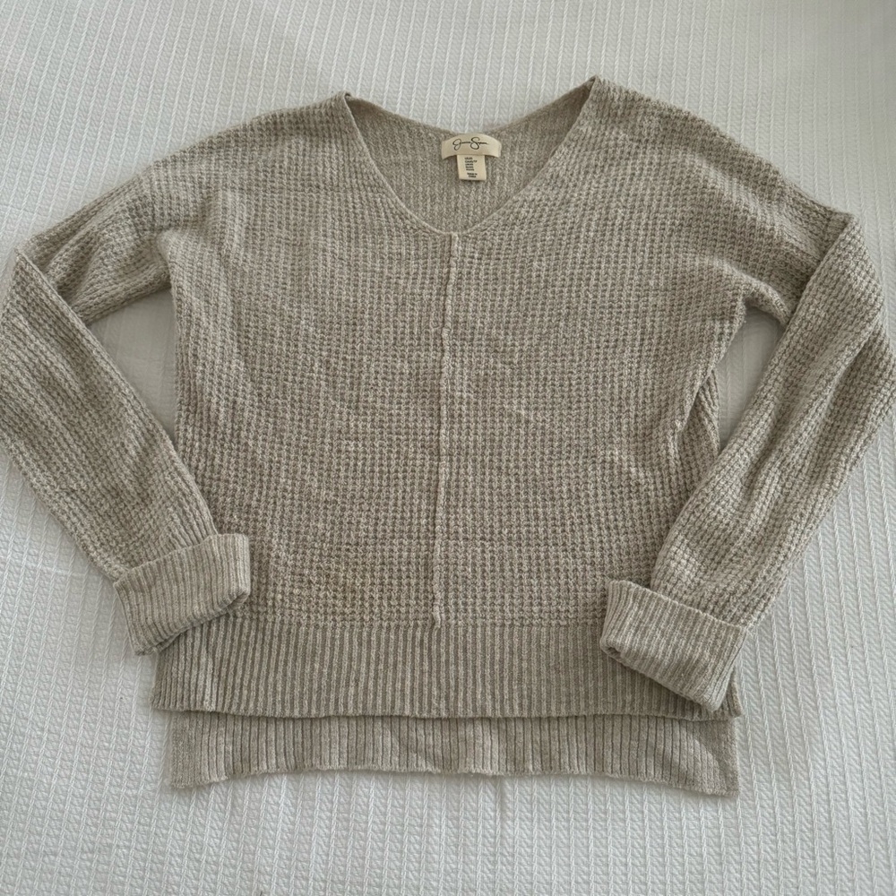 Jessica Simpson High Low Waffle Knit Long Sleeve Sweater Size Small Cream/Beige